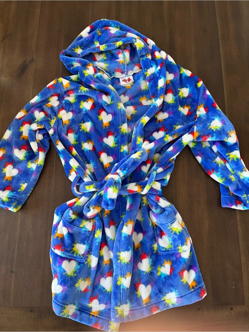 Women’s  Blue Heart Print Fleece Robe with Hood S/M